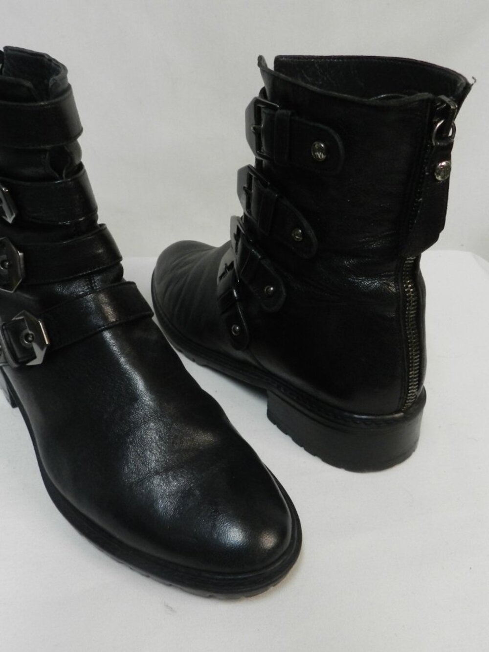 Stuart Weitzman Leather Moto Motorcycle Combat black zip Biker boots Size Sz 7 M